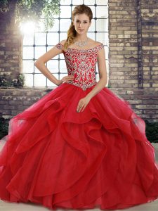 Vintage Sleeveless Tulle Brush Train Lace Up Vestidos de Quinceanera in Red with Beading and Ruffles
