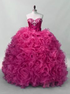Hot Pink Sweetheart Lace Up Ruffles and Sequins Quinceanera Gowns Sleeveless