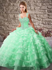 Free and Easy Straps Sleeveless Organza 15 Quinceanera Dress Beading and Ruffled Layers Court Train Lace Up