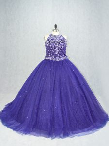 Perfect Purple Lace Up Scoop Beading Ball Gown Prom Dress Tulle Sleeveless Brush Train