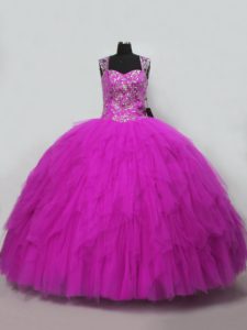 Edgy Tulle Straps Sleeveless Lace Up Beading and Ruffles Sweet 16 Dress in Fuchsia
