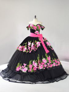 Decent Black Quinceanera Gowns Sweet 16 and Quinceanera with Embroidery Off The Shoulder Sleeveless Brush Train Lace Up