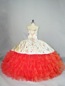 Flare Embroidery and Ruffles Ball Gown Prom Dress Coral Red Lace Up Sleeveless Floor Length