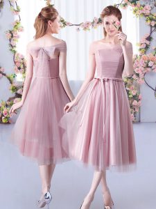 Pretty Pink Empire Off The Shoulder Sleeveless Tulle Tea Length Lace Up Belt Court Dresses for Sweet 16