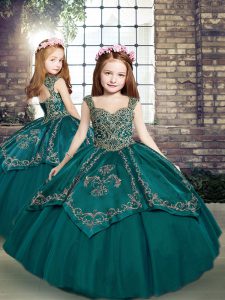 Teal Lace Up Little Girls Pageant Gowns Beading and Embroidery Sleeveless Floor Length