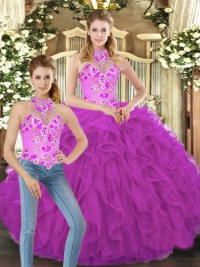 Fashionable Fuchsia Tulle Lace Up Halter Top Sleeveless Floor Length Quinceanera Gown Embroidery and Ruffles