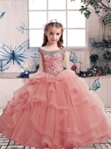 Custom Fit Pink Tulle Lace Up Scoop Sleeveless Floor Length Little Girls Pageant Dress Beading and Ruffles