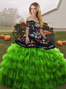 Spectacular Off The Shoulder Sleeveless Quinceanera Dresses Floor Length Embroidery and Ruffled Layers Green Organza
