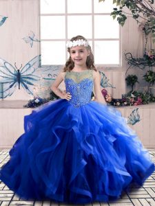 Royal Blue Scoop Neckline Beading and Ruffles Little Girls Pageant Dress Sleeveless Lace Up