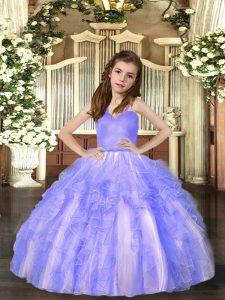 Lavender Ball Gowns Straps Sleeveless Tulle Floor Length Lace Up Ruffles Little Girls Pageant Dress Wholesale