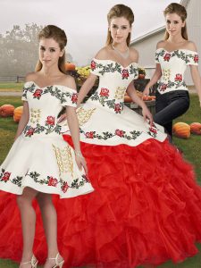 Great Off The Shoulder Sleeveless Lace Up Quinceanera Gowns White And Red Organza