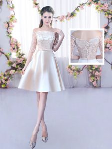Great Mini Length Lace Up Damas Dress Champagne for Wedding Party with Lace and Belt