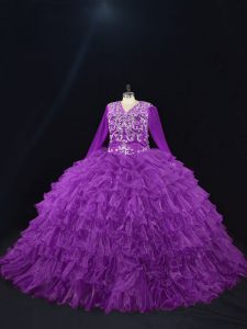Stylish Purple Lace Up V-neck Beading and Ruffled Layers 15 Quinceanera Dress Organza Long Sleeves
