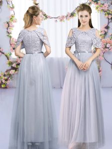 Noble Scoop Sleeveless Quinceanera Court Dresses Floor Length Lace and Belt Grey Tulle