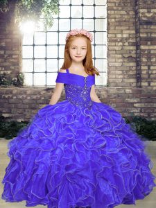 Purple Straps Neckline Beading and Ruffles Kids Formal Wear Sleeveless Lace Up