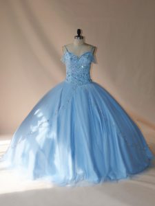 Suitable Lace Up Quinceanera Dresses Blue and Light Blue for Sweet 16 and Quinceanera with Beading Brush Train