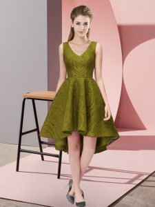 Pretty Olive Green V-neck Neckline Lace Damas Dress Sleeveless Zipper