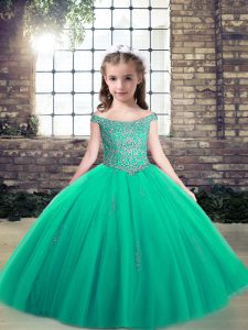 Turquoise Ball Gowns Appliques Kids Formal Wear Lace Up Tulle Sleeveless Floor Length