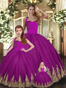High Quality Embroidery Quince Ball Gowns Fuchsia Lace Up Sleeveless Floor Length