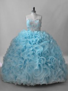 Baby Blue Lace Up Sweetheart Beading Sweet 16 Dresses Fabric With Rolling Flowers Sleeveless Brush Train