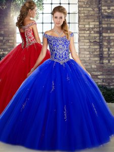 New Arrival Royal Blue Lace Up Off The Shoulder Beading Sweet 16 Dress Tulle Sleeveless