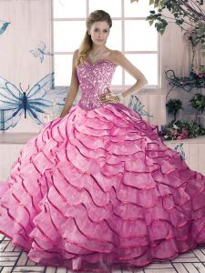 Sophisticated Pink Sweet 16 Dresses Sweet 16 with Beading and Ruffles Sweetheart Sleeveless Lace Up