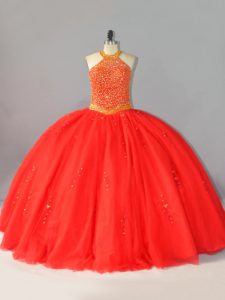 Sleeveless Tulle Floor Length Lace Up 15th Birthday Dress in Coral Red with Beading
