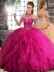 Sweet Fuchsia Halter Top Lace Up Beading and Ruffles 15th Birthday Dress Sleeveless