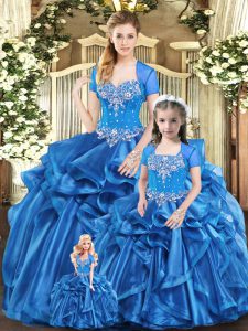 Romantic Blue Organza Lace Up Sweetheart Sleeveless Floor Length Quinceanera Dresses Beading and Ruffles