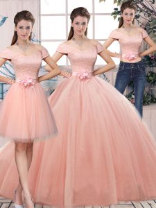 Short Sleeves Floor Length Lace and Hand Made Flower Lace Up Quinceanera Gowns with Pink