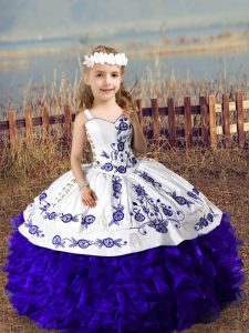 Floor Length Purple Pageant Dress for Womens Organza Sleeveless Embroidery and Ruffles
