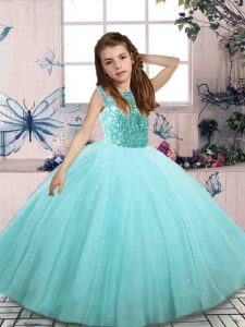 Hot Selling Floor Length Lace Up Pageant Gowns For Girls Aqua Blue for Party and Wedding Party with Beading