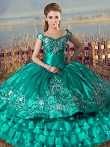 High Class Floor Length Lace Up Vestidos de Quinceanera Turquoise for Sweet 16 and Quinceanera with Embroidery and Ruffled Layers