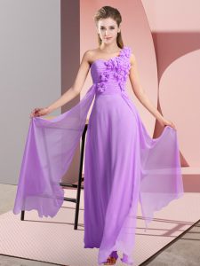 Deluxe Lavender Empire One Shoulder Sleeveless Chiffon Floor Length Lace Up Hand Made Flower Court Dresses for Sweet 16
