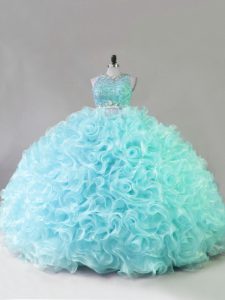 Blue Fabric With Rolling Flowers Zipper Sweet 16 Dress Sleeveless Floor Length Beading