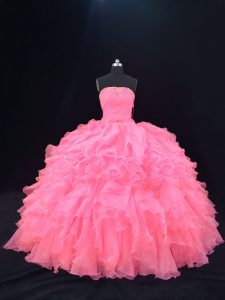 Pink Vestidos de Quinceanera Sweet 16 and Quinceanera with Beading and Ruffles Strapless Sleeveless Lace Up