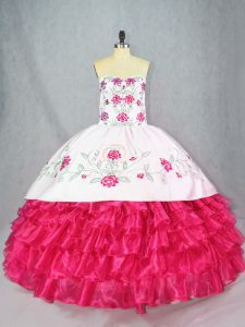 Best Hot Pink Ball Gowns Sweetheart Sleeveless Satin and Organza Lace Up Embroidery and Ruffled Layers Sweet 16 Dresses