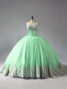 Sweetheart Sleeveless Quinceanera Dresses Court Train Appliques Apple Green Tulle