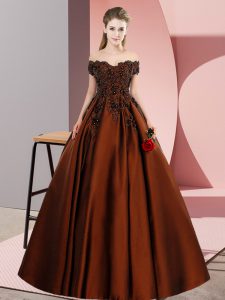 Fantastic Brown A-line Lace and Appliques Military Ball Dresses For Women Zipper Satin Sleeveless Floor Length