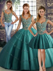 Teal Straps Lace Up Beading and Appliques Ball Gown Prom Dress Sleeveless