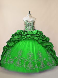 High End Green Sleeveless Taffeta and Tulle Brush Train Lace Up Quinceanera Gown for Sweet 16 and Quinceanera