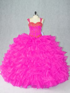 Sophisticated Fuchsia Organza Lace Up Quinceanera Dresses Sleeveless Floor Length Beading and Ruffles