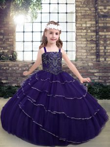 Gorgeous Tulle Straps Sleeveless Lace Up Beading Pageant Dress for Teens in Purple