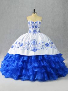 New Arrival Blue And White Sleeveless Satin and Organza Lace Up Ball Gown Prom Dress for Sweet 16 and Quinceanera