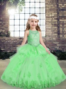Yellow Green Tulle Lace Up Girls Pageant Dresses Sleeveless Floor Length Appliques