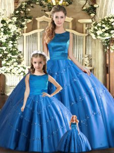 Low Price Appliques Sweet 16 Dress Blue Lace Up Sleeveless Floor Length