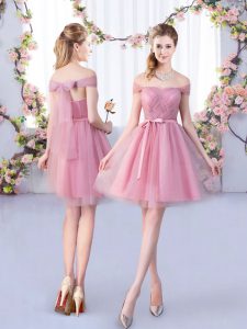 Tulle Off The Shoulder Sleeveless Lace Up Belt Court Dresses for Sweet 16 in Pink