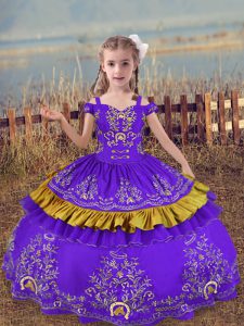Off The Shoulder Sleeveless Lace Up Child Pageant Dress Lavender Satin
