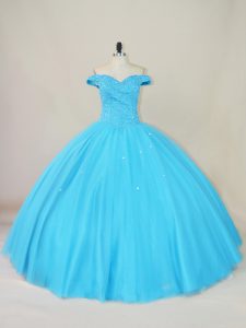Sleeveless Tulle Floor Length Lace Up Quinceanera Dress in Blue with Beading