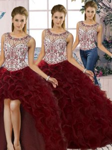 Custom Designed Burgundy Lace Up Quince Ball Gowns Beading and Ruffles Sleeveless Floor Length